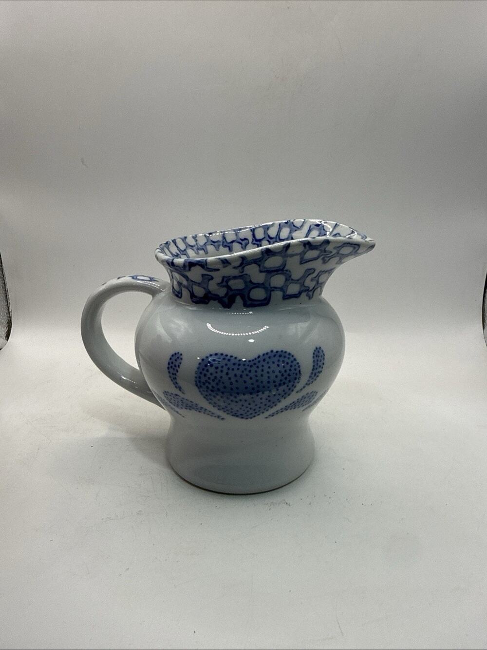 Vintage Blue White Heart Ceramic Pitcher Jug Made In China 5” *
